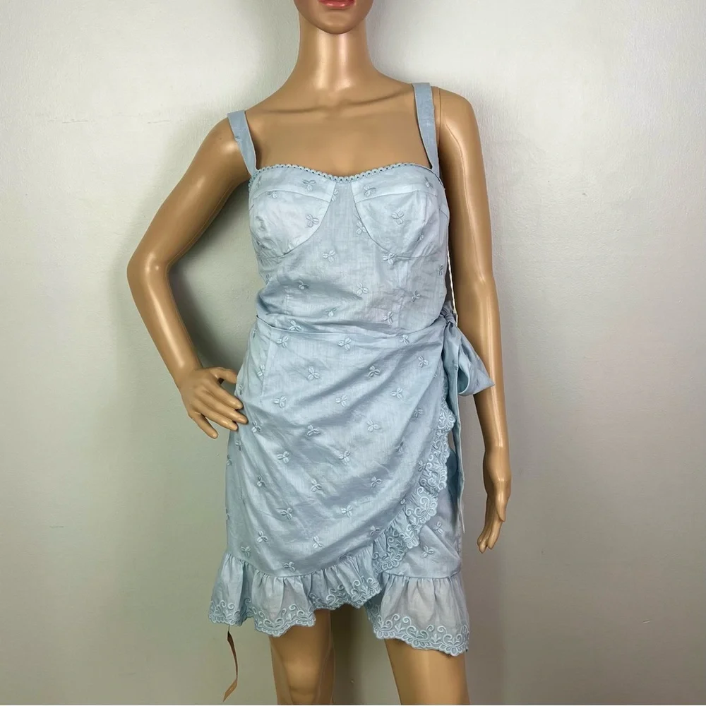 NEW REFORMATION BLUE EMBROIDERED COTTON MINI DRESS - Picture 2 of 10